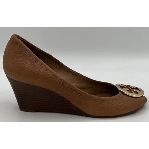 Tory Burch Brown Leather Sally Wedge Gold Logo Peep Toe Pump Women Size 10M - Picture 8 of 10